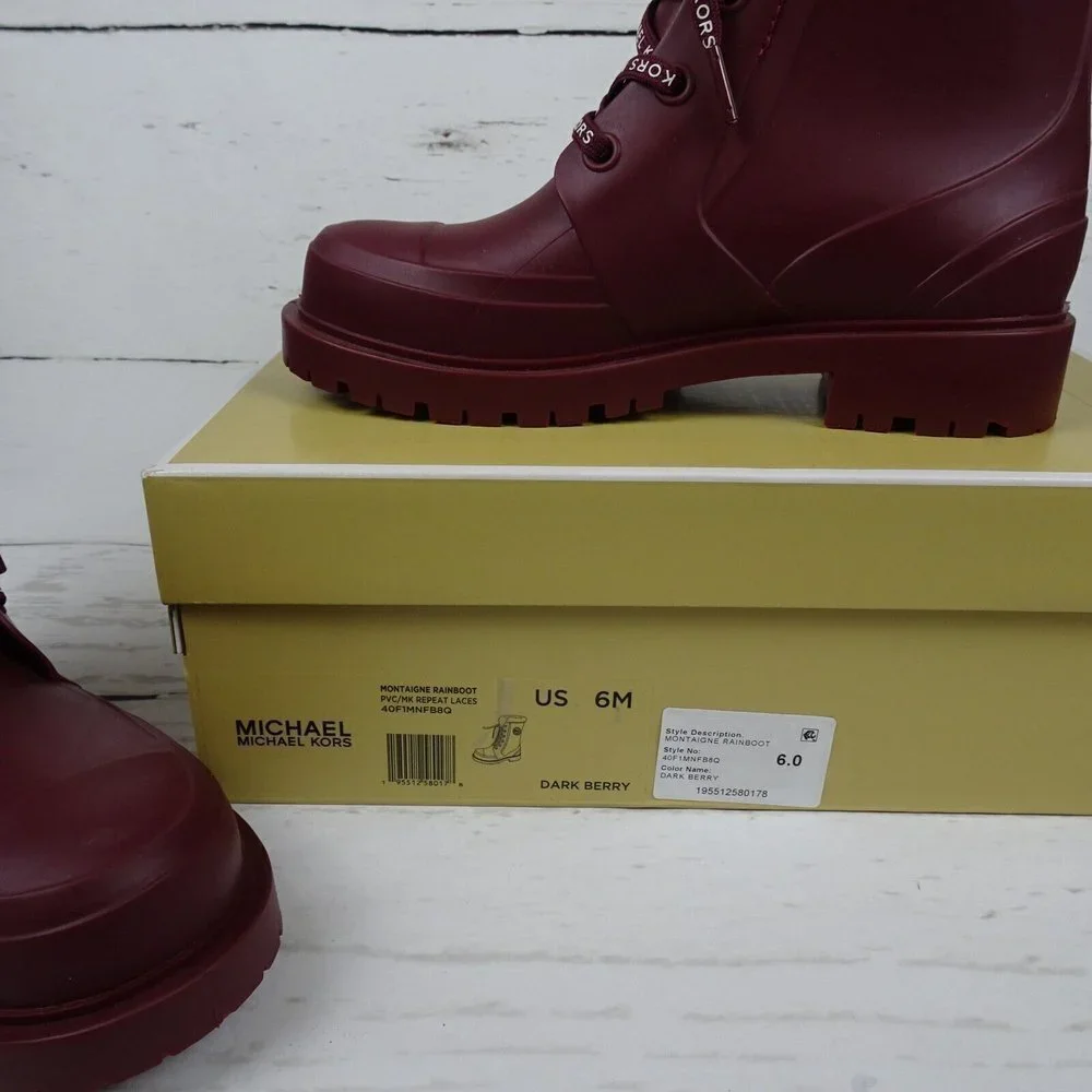 MICHAEL Michael Kors Women's Montaigne Rain Boots Faux Fur Logo Dark Berry New 6